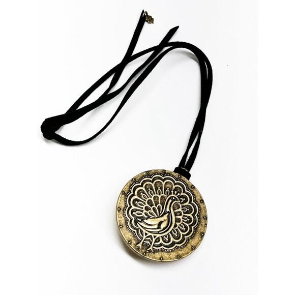 Lucky Brand Peacock Reversible Fabric Medallion Necklace - Picture 1 of 7